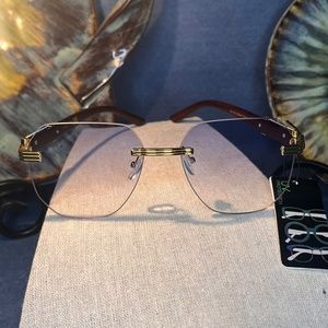 Jaguar Three Bar Hinge Wood Temple Rimless Geometric Sunglasses